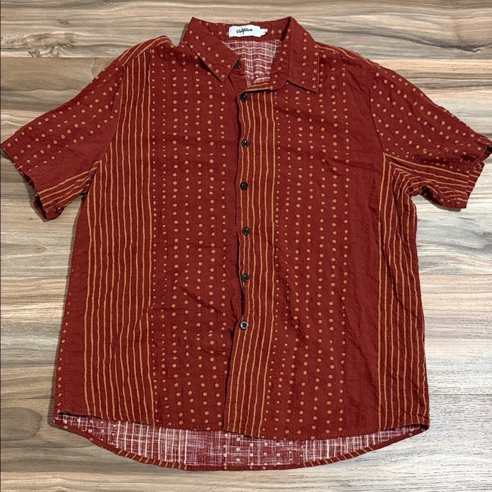 Vatpave Men’s Button Up Shirt Large Maroon/yellow Geometric Print